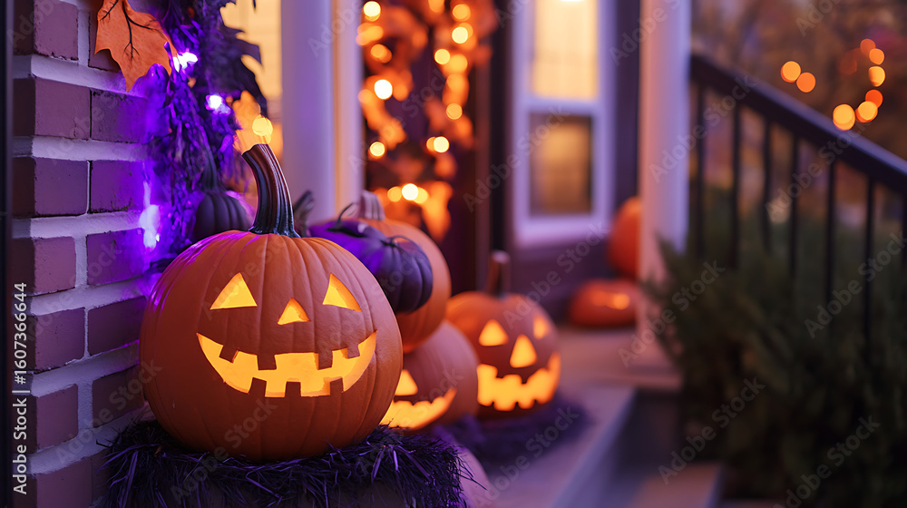Obraz premium Halloween is a spooky, eerie, and chilling time of year, filled with ghostly shadows and haunted houses. Streets become foggy and dark, lit only by flickering jack-o’-lanterns carved from grinning pum