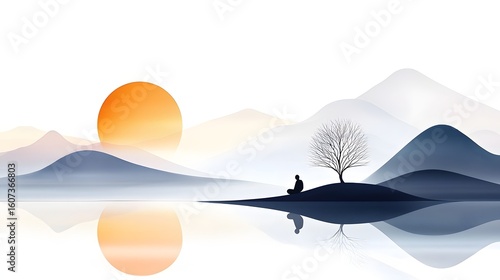 Serene Zen meditation landscape with silhouetted figure