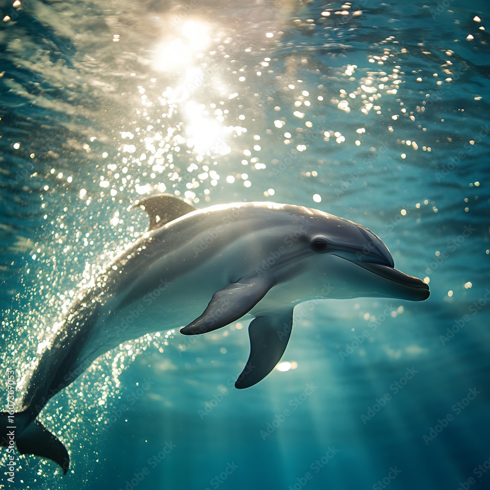 Fototapeta premium Smooth dolphin body reflects sunlight under sea waves high resolution picture