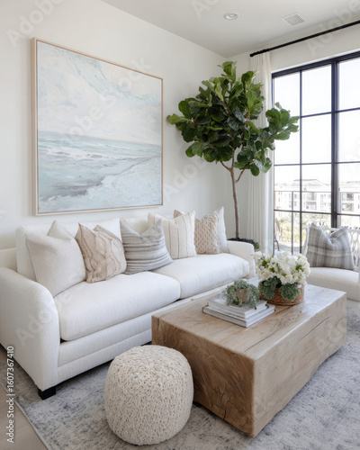 Elegant and Minimalist Living Room Interior with White Sofa and Natural Decor Elements
