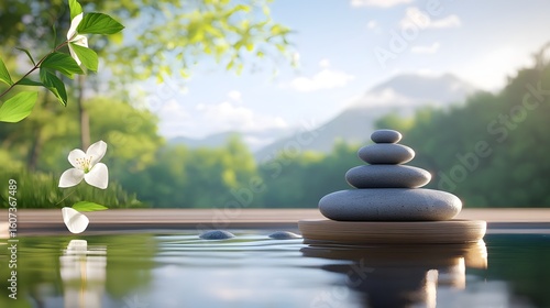 Serene Zen meditation scene with water basin and stacked stones