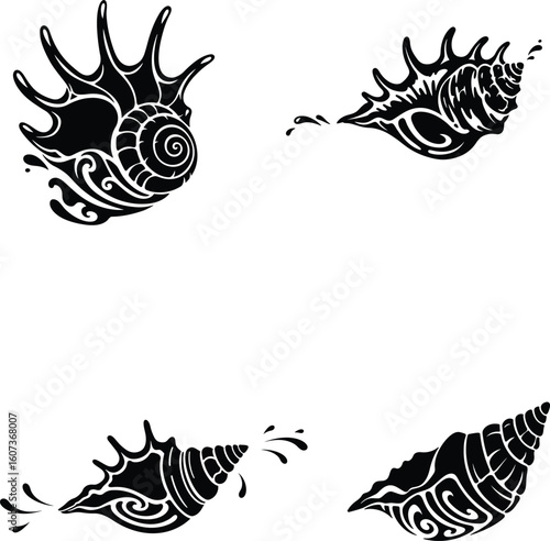 Thanksgiving Decorative Seashell Tribal Style Vector Set, silhouette, illustration, line art.