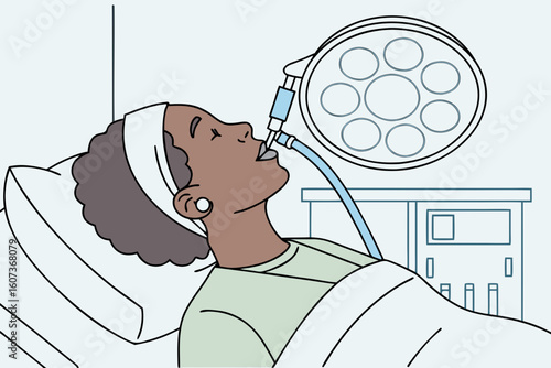 A young woman lies peacefully in the operating room, inhaling anesthesia as she prepares for surgery, modern flat illustration style.