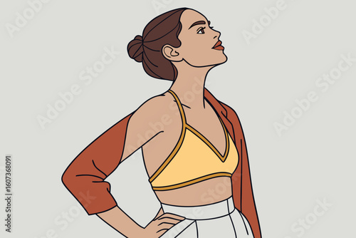 A young woman with flawless skin and natural makeup poses confidently against a light gray background, modern flat illustration style.