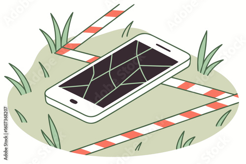A cracked smartphone lies on grass, taped off with red and white police markers, hinting at a recent incident scene, modern flat illustration style.