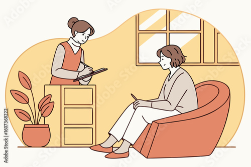 A female therapist listens attentively while jotting notes during a counseling session in a cozy office, modern flat illustration style.