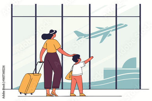 A family of three happily watches airplanes through large airport windows, savoring the excitement of travel, modern flat illustration style.