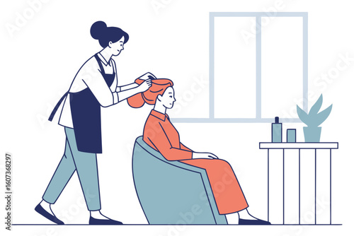 A hairdresser applies dye to a client’s hair in a modern salon, carefully transforming the look with precision, modern flat illustration style.
