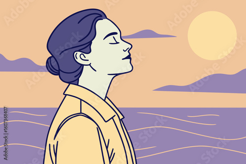 A serene woman stands near the ocean at sunset, eyes closed in bliss as she basks in the last warm rays, modern flat illustration style.