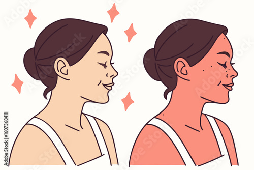 Asian woman in her 30s visibly recovers from postpartum melasma with safe skincare suited for breastfeeding, glowing results shown, modern flat illustration style