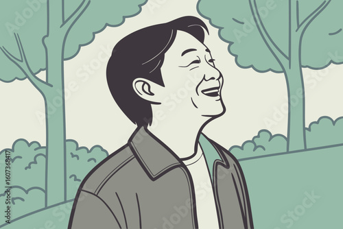 Asian man smiling in a park, middle-aged and joyful, showcasing warmth and personality in natural surroundings, modern flat illustration style.