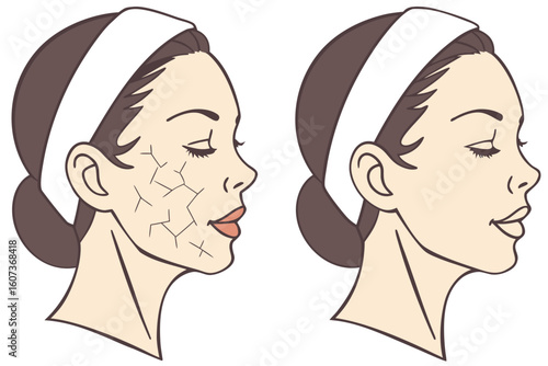 Asian woman’s cheek transformation from dry and flaky to smooth and radiant skin after using nourishing cream, ideal for beauty ads, modern flat illustration style