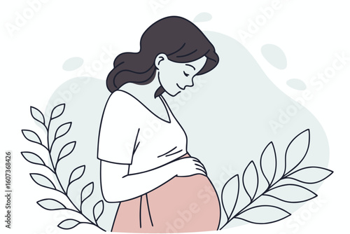 A serene mother gently cradles her belly with both hands, lost in thought while cherishing her pregnancy, modern flat illustration style.