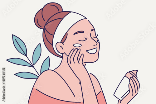A smiling woman with moisturizer and cream on her face radiates skincare joy and self-care routine, modern flat illustration style.
