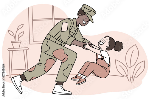 A soldier giggles while playfully tickling his daughter at home, sharing a heartfelt and loving moment, modern flat illustration style.
