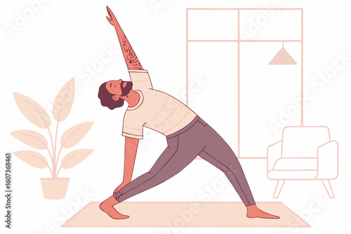 A tattooed man practices yoga at home, balancing strength and mindfulness in a peaceful space, modern flat illustration style.