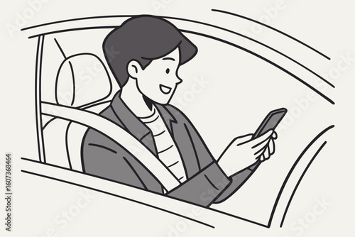 A stylish young man sits inside a car, smiling while checking his phone, exuding confidence and casual charm, modern flat illustration style.