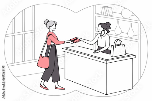 A woman pays with a credit card, completing a transaction smoothly at a stylish store counter, modern flat illustration style.