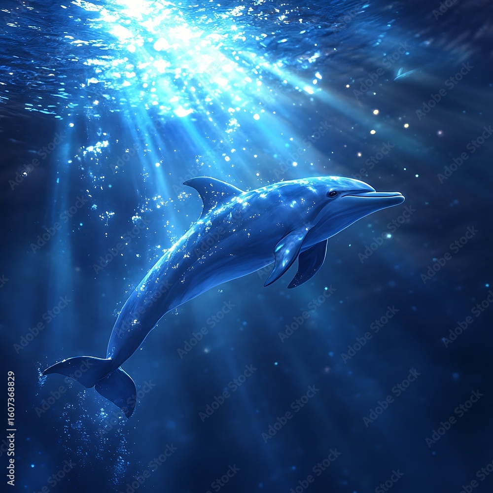 Naklejka premium Sunlight beams through water illuminating swimming dolphin high resolution picture