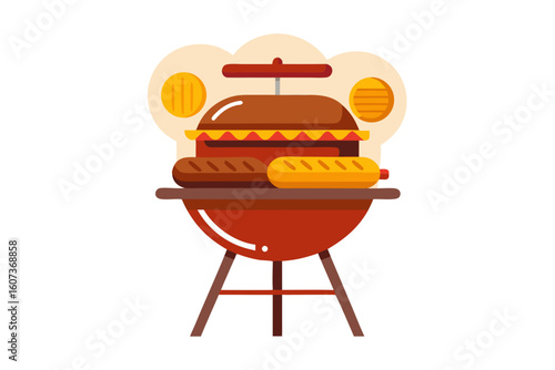 Flat design illustration of a barbecue grill with burger and hot dogs
