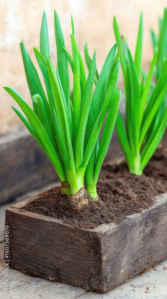 Fototapeta premium Eco-friendly greenhouse with raised vegetable and herb beds in wooden boxes on a sunny spring day