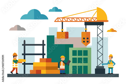 Construction workers and crane building city structures with colorful clouds above