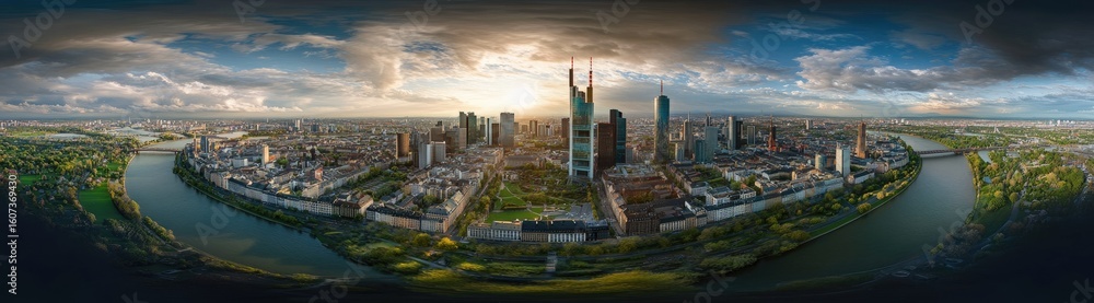 Obraz premium Panoramic view of a city with a river and skyscrapers at sunset