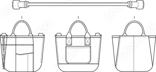 Stylish Women's Tote Bag Design, Front Side Back Views, Detachable Shoulder Strap, Modern Everyday Carry-All Template, Editable Vector Flat Sketch.