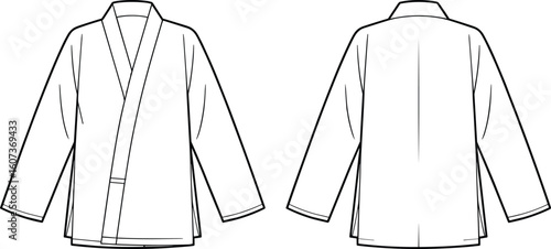  Traditional Martial Arts Kimono Gi Top Design, Front and Back View, Karate Judo Uniform Apparel Template, Editable Vector Flat Sketch.