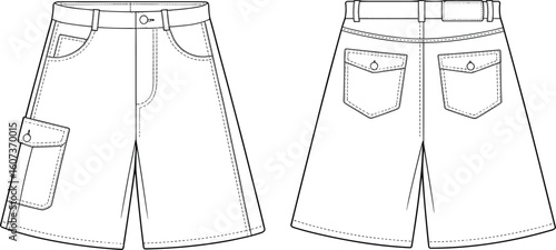 Stylish Men's or Women's Bermuda Shorts Design, Front and Back View, Cargo Pocket Details, Casual Apparel Template, Editable Vector Flat Sketch.
