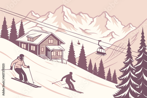Illustration of skiers on a slope with a cabin, trees, mountains, and a ski lift in the background