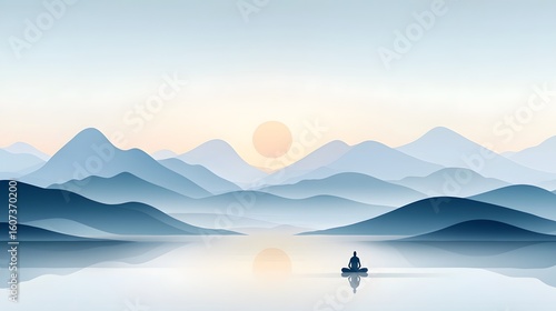 Tranquil mountain landscape with meditating figure