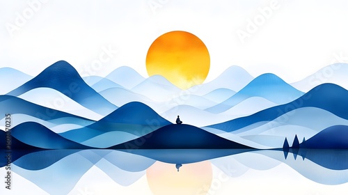 Serene mountain landscape with meditative figure