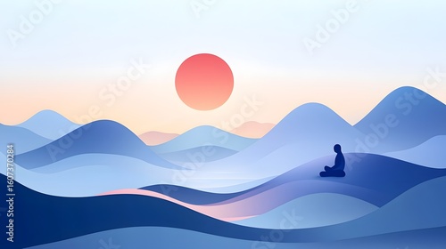 Zen meditation landscape with silhouetted figure