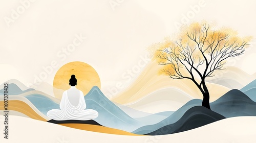 Tranquil meditation landscape with silhouetted figure