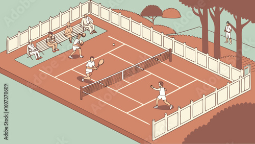 Isometric view of tennis players on a court with spectators and a man walking outside the fence line