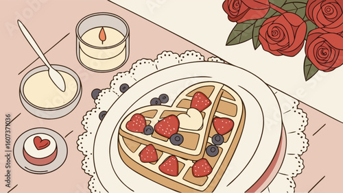 Heart shaped waffles with strawberries and blueberries on a plate with roses and candle light