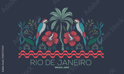 Tropical vibes t shirt artwork. Amazing brasil. Copacabana beach art. Rio de janeiro. Summer vibes artwork.	Palm tree artwork. Tropical paradise. Macaw paradise artwork.