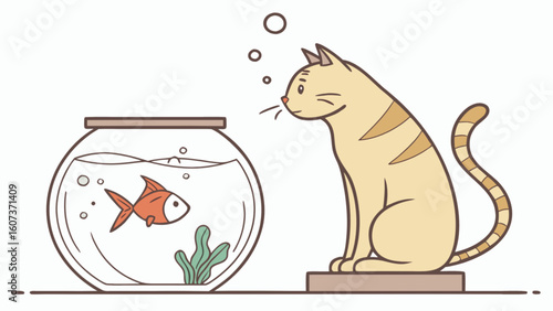 Cat watching a goldfish swimming in a fishbowl with bubbles and seaweed illustration style drawing