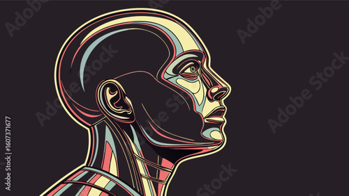 Stylized portrait of a bald person with colorful contours against a dark background looking upwards