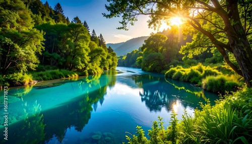 Serene river flowing through lush forest at sunrise