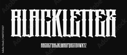 Gothic vintage logo font, bold high blackletter, medieval alphabet, dark rock tattoo typeface, oldschool branding typography, lofty typographic design, german calligraphic headline. Vector typeset