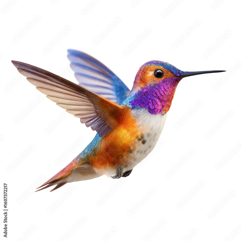 Fototapeta premium Colorful hummingbird with wings spread against a black background in a close up shot