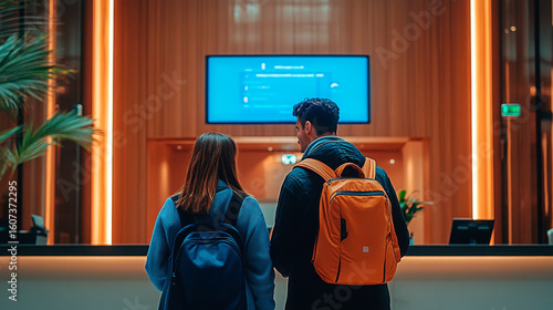 Young couple checking in at a modern hotel reception in the evening with vibrant lighting and a digital display
