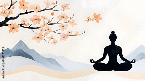 Zen meditation scene with cherry blossoms and mountains