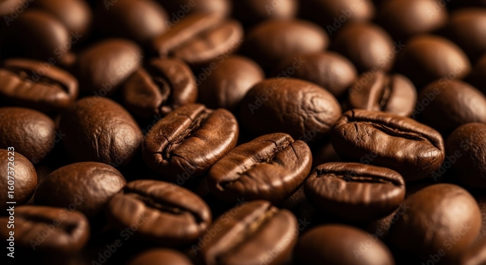 Fototapeta premium Close-up of roasted coffee beans, showcasing rich textures and warm, inviting tones