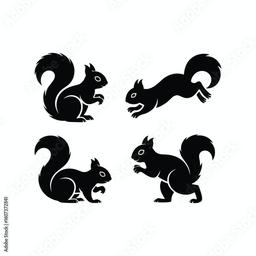 Set of Squirrel Silhouettes in Various Poses, Isolated Vector Illustration for Wildlife, Nature, Animal Icon, Logo, and Design Elements Collection.