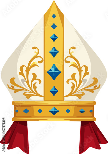 Cartoon Bishop Mitre with Diamond Blue Gems and Golden Embellishments – Religious Vector Hat Illustration