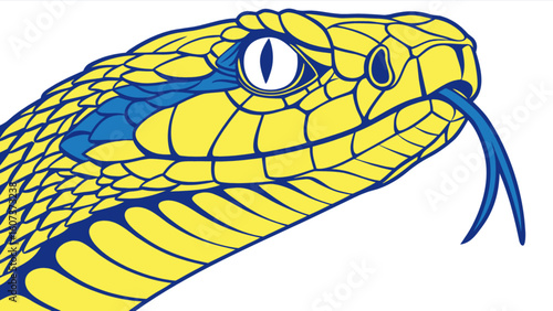 Illustration of a yellow and blue snake head with its tongue out on a white background design style