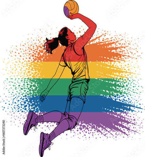 A woman volleyball player spiking the ball with a rainbow background and a ponytail in the air illustration